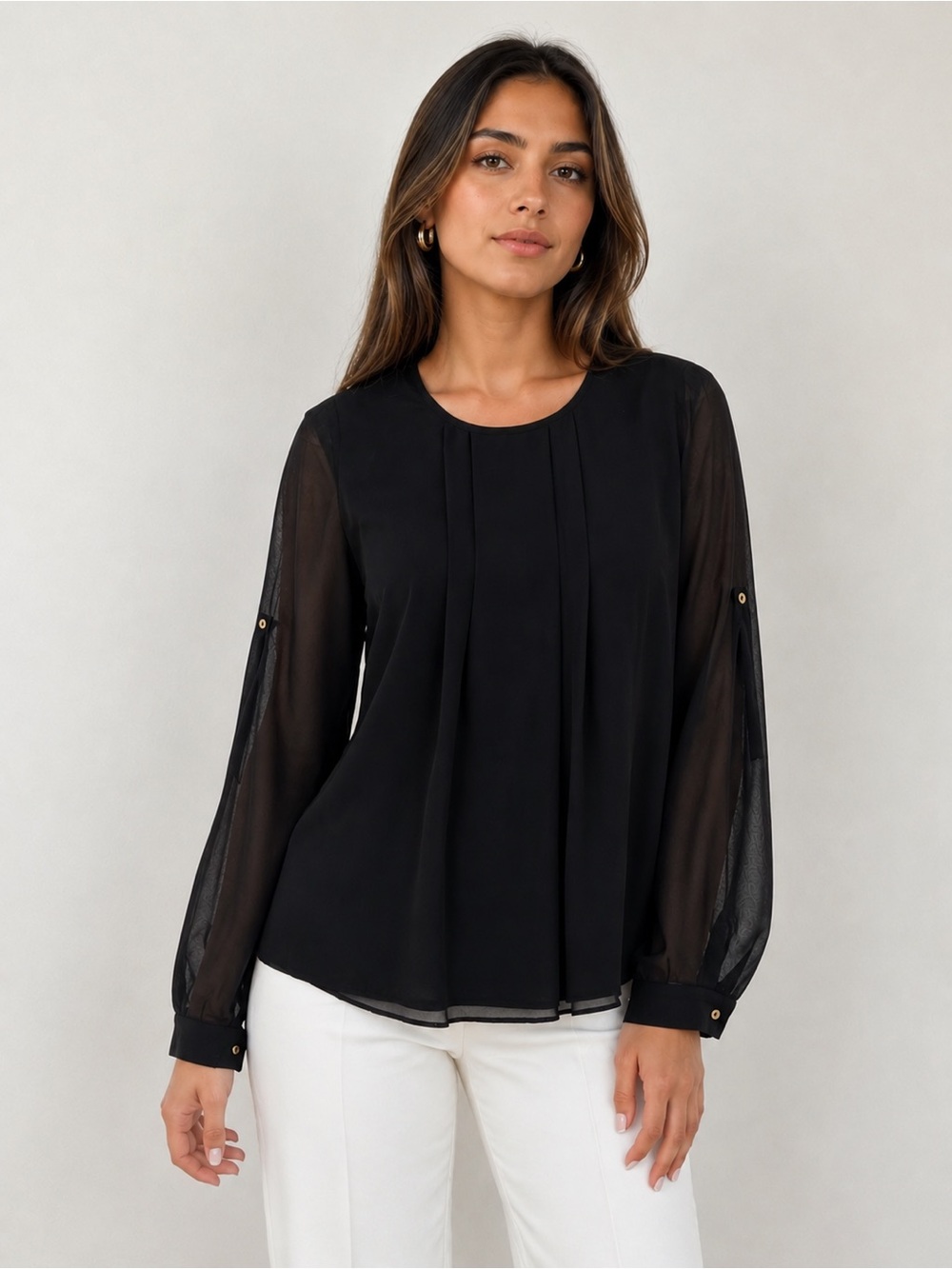 Calvin Klein Black Pleated Front Sheer Sleeve Blouse